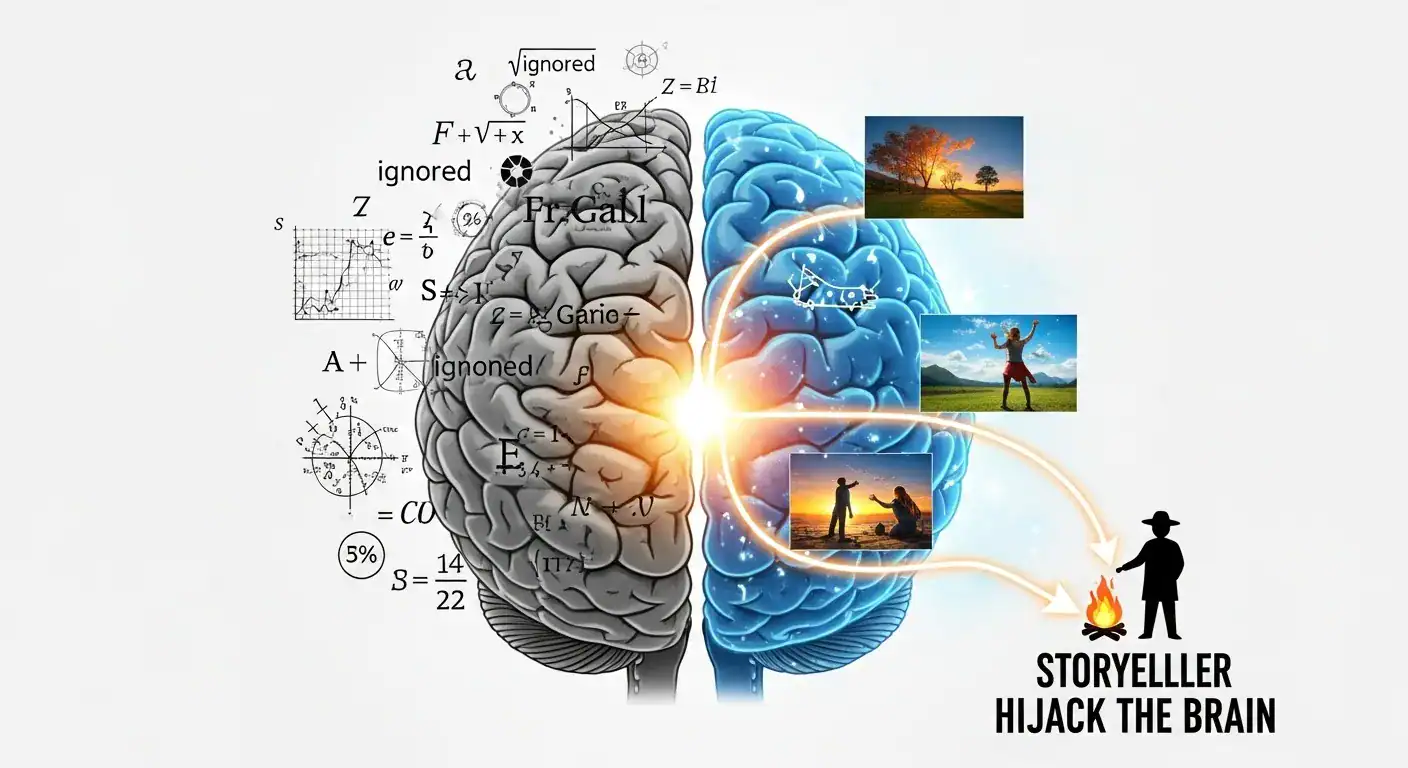 Brain diagram: left side logic/math, right side imagination/storytelling. Storyteller hijack.